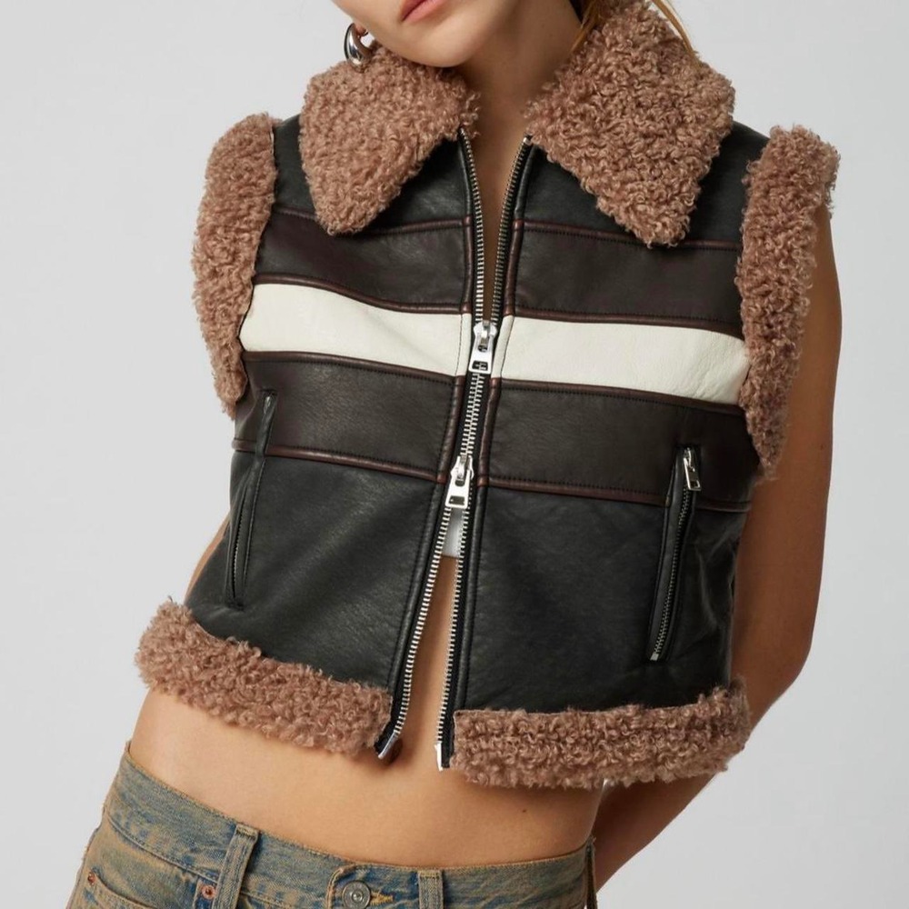 Urban Outfitters Donald Moto Vest Women XS Brown Black Faux Leather Sherpa Trim